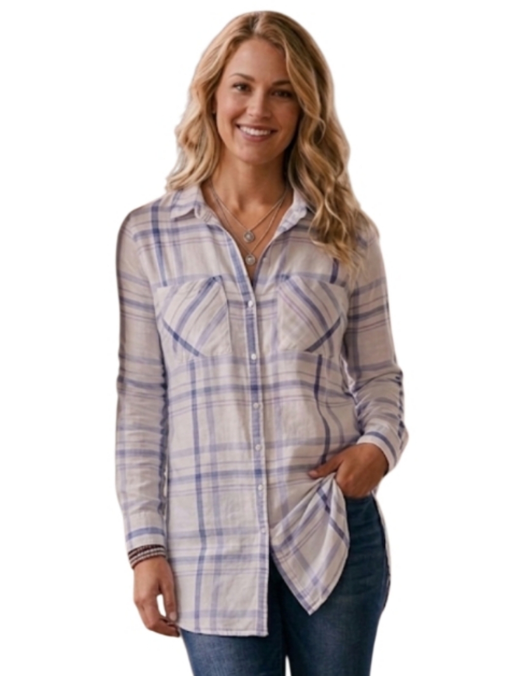Express Plaid Button-Down Flannel Shirt - Blue/Lavender & White - Size Medium